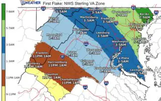February 19 winter storm arrival time first flakes