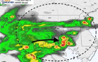 April 8 weather rain storm radar HRRR 7 PM Monday