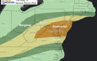 August 12 weather severe risk Monday tomrrow Tuesday