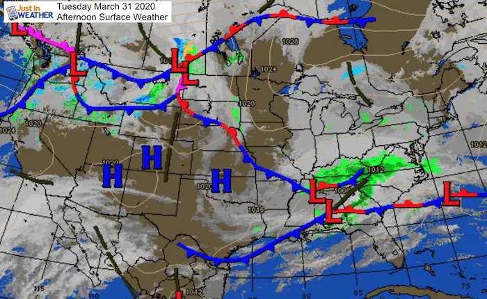 March 31 weather map USA Tuesday aftenroon