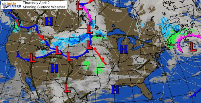 April 1 weather Thursday morning USA