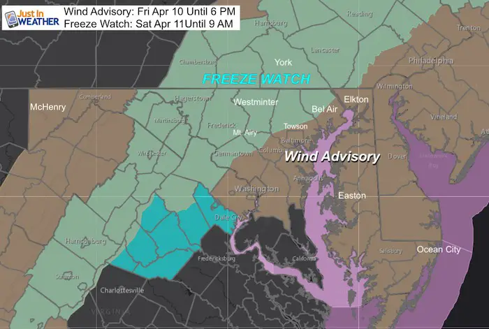 April 10 weather wind advisory freeze watch Friday