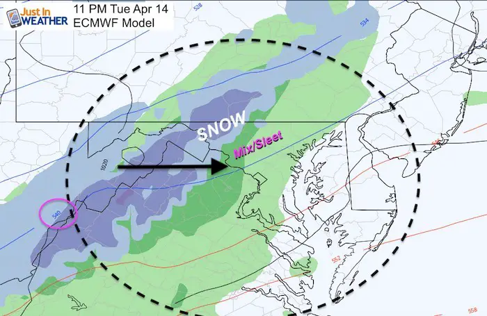 April 14 snow sleet Tuesday 11 PM Euro