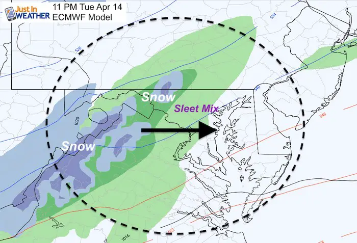 April 14 weather rain snow Tuesday 11 PM