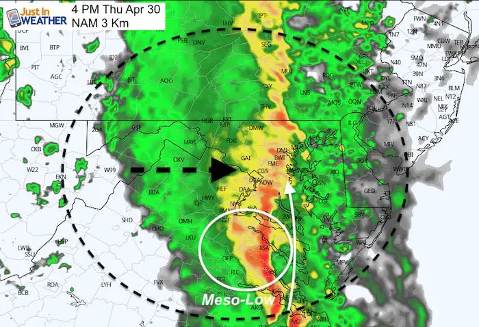 April 30 weather Maryland rain storm Thursday 4 PM