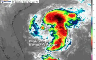 May 17 weather Tropical Storm Arthur IR Satellite close Sunday