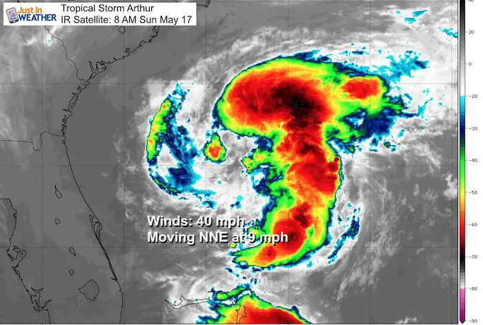 May 17 weather Tropical Storm Arthur IR Satellite close Sunday