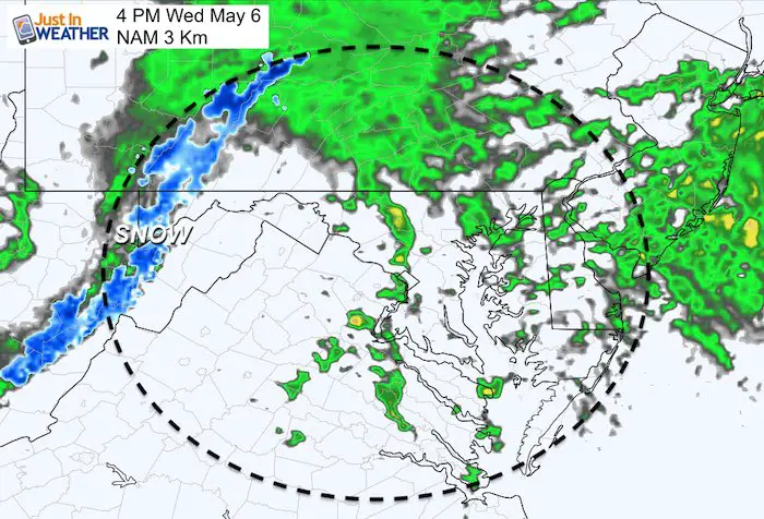May 6 weather maryland rain snow Wednesday 4 PM