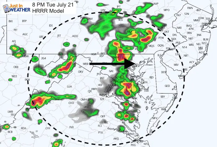July 21 weather storm HRRR 8 PM Tuesday