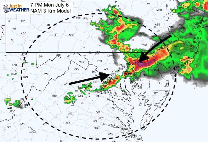July 6 maryland weather severe storms NAM Monday 7 PM