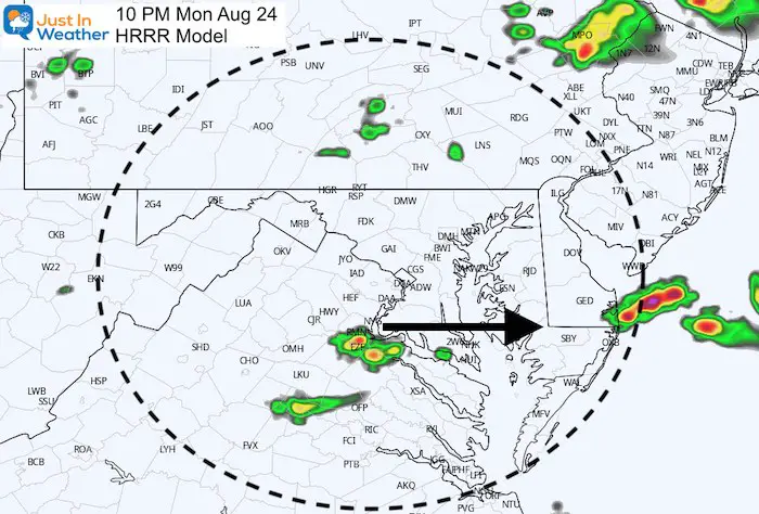 August 24 weather storm radar Monday 10 PM
