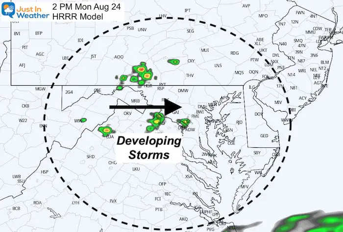 August 24 weather storm radar Monday 2 PM