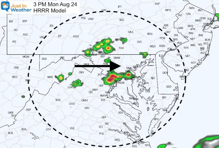August 24 weather storm radar Monday 3 PM