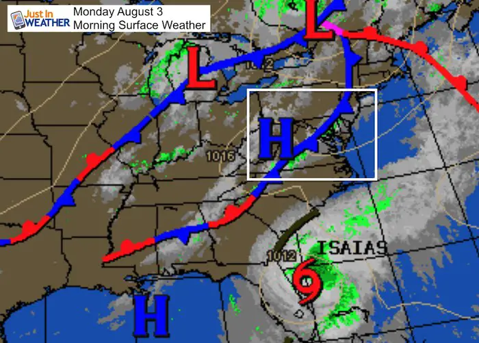 August 3 weather Monday morning Tropical Storm Isaias