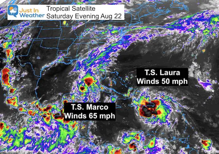 Tropical Storms Laura Marco Satellite Saturday night August 22