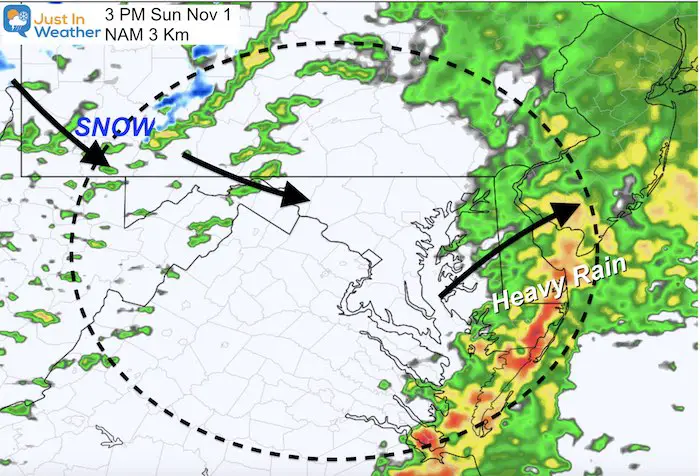 November 1 weather rain snow Sunday 3 PM