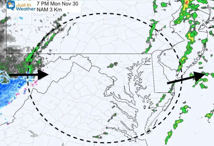 November 30 weather rain storm Monday PM 7