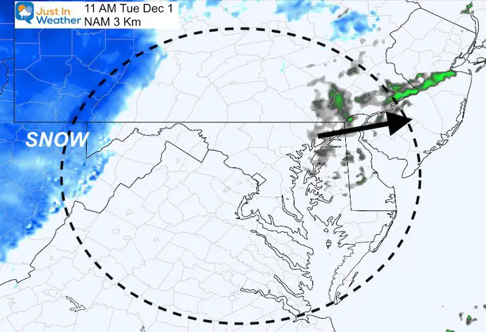 November 30 weather snow Tuesday 11 AM