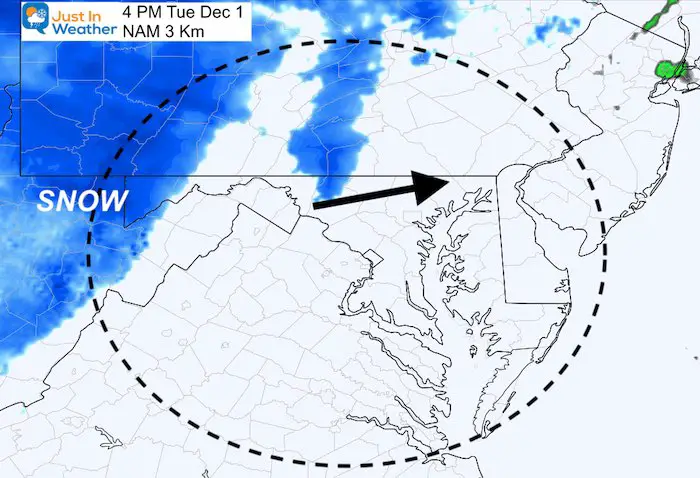 November 30 weather snow Tuesday 4 PM