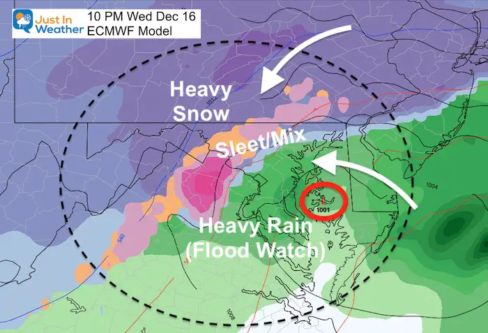 December 16 weather snow ice rain ECMWF Wednesday 10 PM