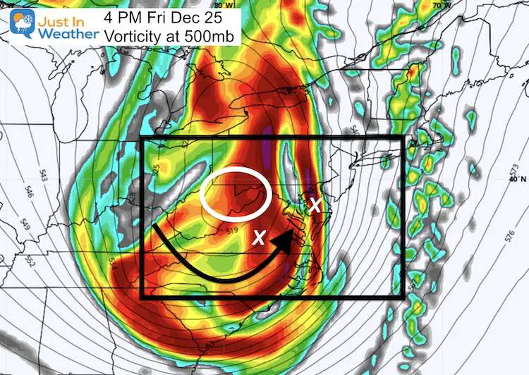 December 25 weather snow jet stream vorticity 4 PM