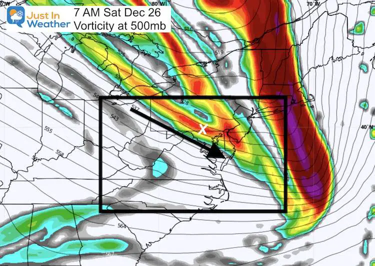 December 25 weather snow jet stream vorticity Saturday 7 AM