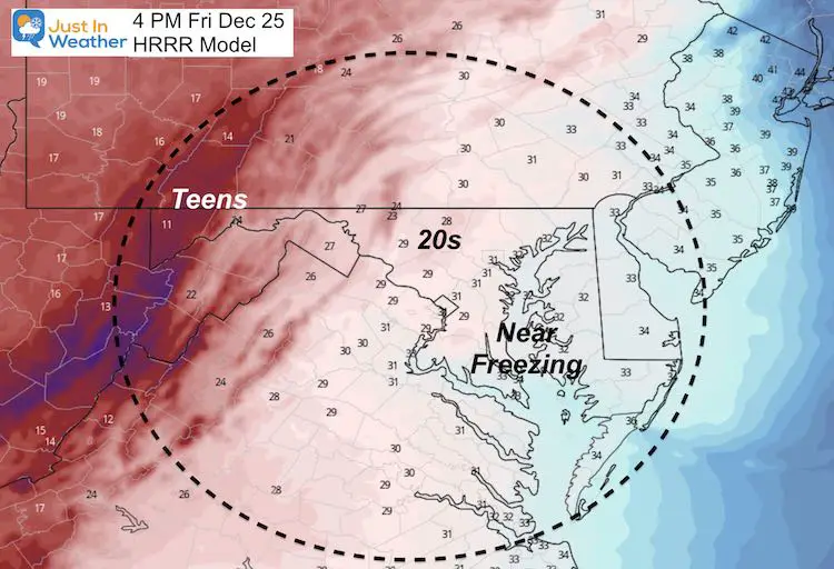 December 25 weather temperatures Christmas 4 PM
