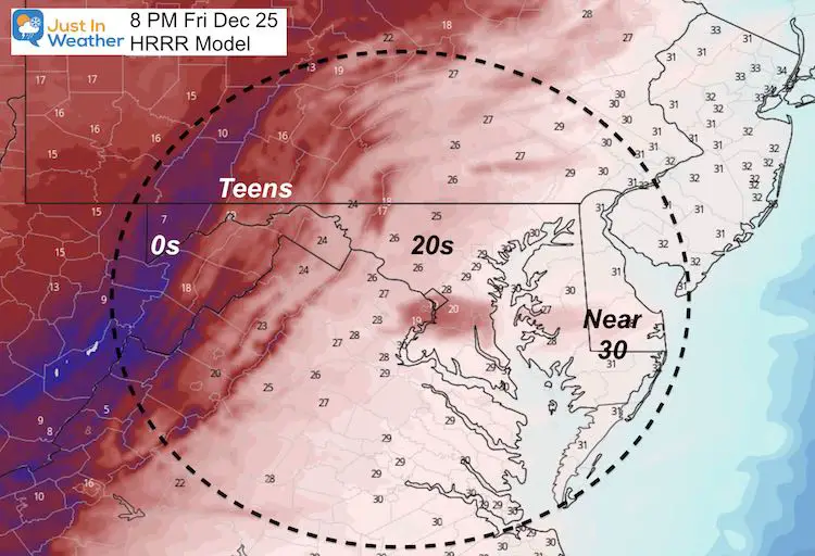 December 25 weather temperatures Christmas 8 PM