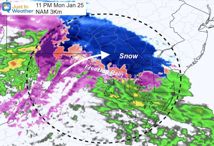 January 24 weather storm snow freezing rain Monday 11 PM