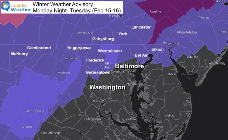 February 15 Monday winter weather advisory