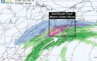 February 15 weather snow ice storm ECWMF Thursday afternoon New Track