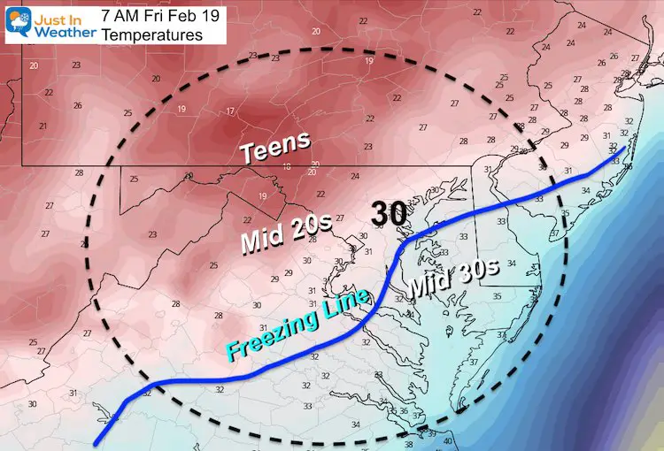 February 16 weather temperature Friday AM 7