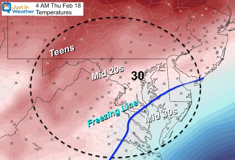 February 16 weather temperature Thursday AM 4