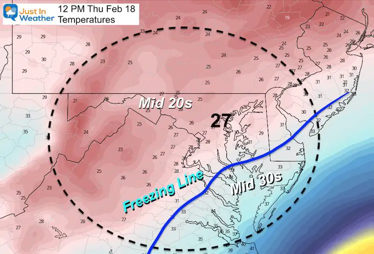 February 16 weather temperature Thursday PM 12