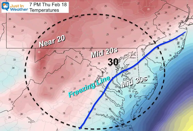 February 16 weather temperature Thursday PM 7