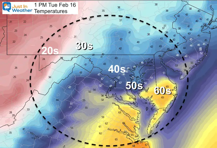 February 16 weather temperature Tuesday afternoon