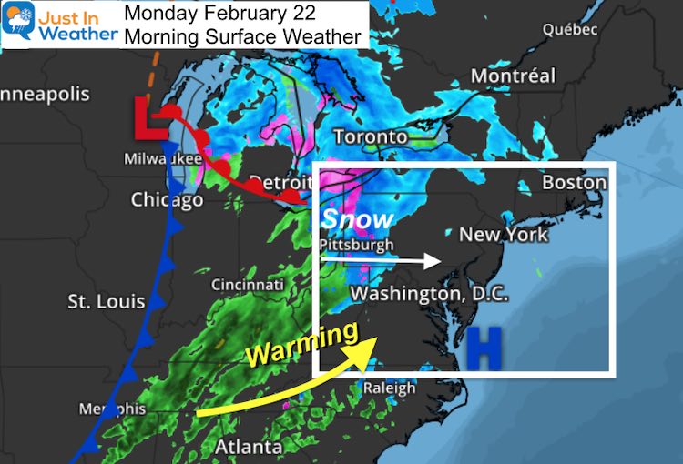 February 22 weather snow rain Monday morning