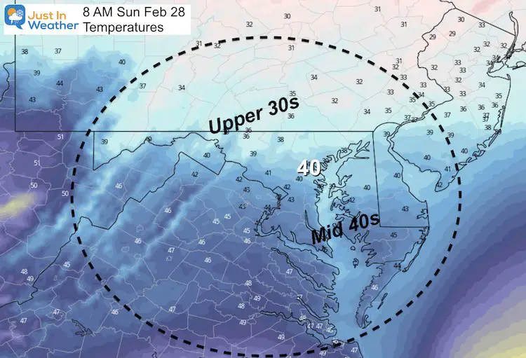 February 27 weather temperatures Sunday AM 8