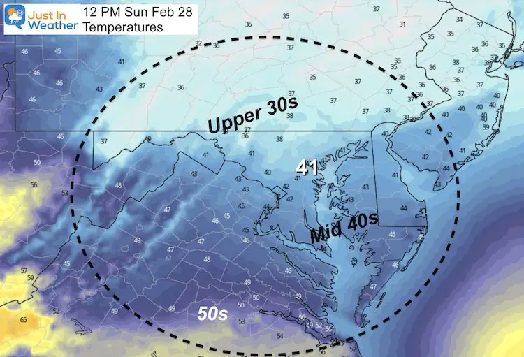 February 27 weather temperatures Sunday PM 12