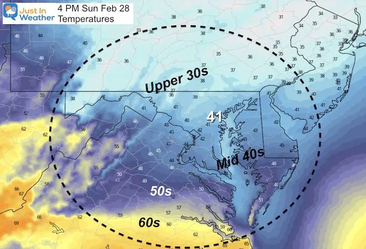 February 27 weather temperatures Sunday PM 4