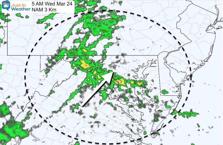 March 23 weather rain Wednesday morning NAM