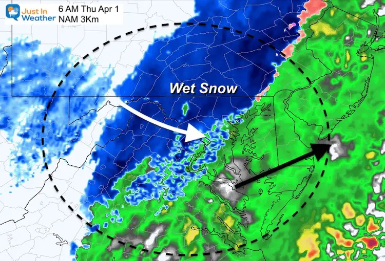 March 30 weather rain snow Thursday 6 AM