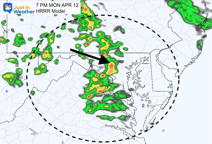 April 12 weather rain Monday HRRR PM 7