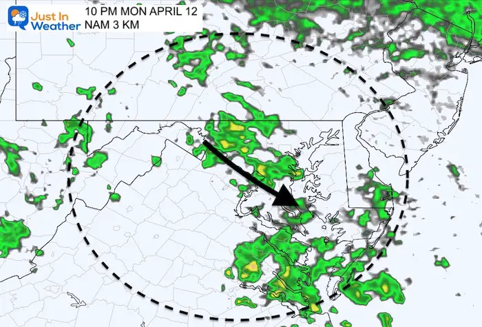 April 12 weather rain radar Monday PM 10