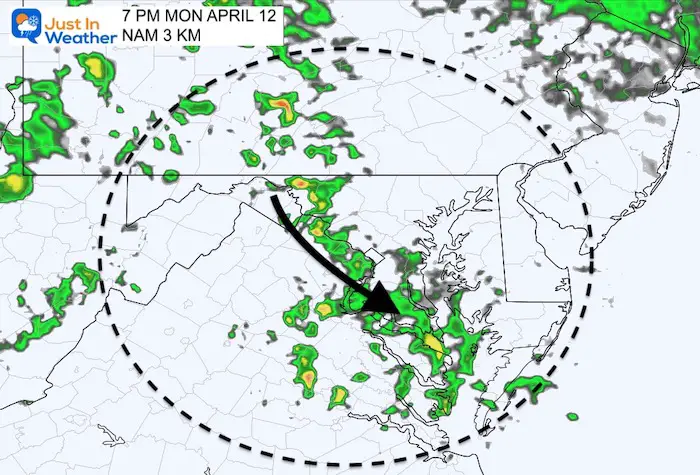 April 12 weather rain radar Monday PM 7