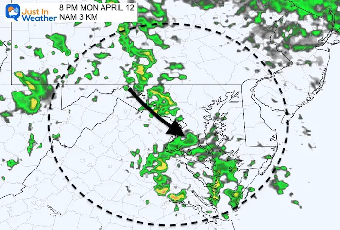 April 12 weather rain radar Monday PM 8