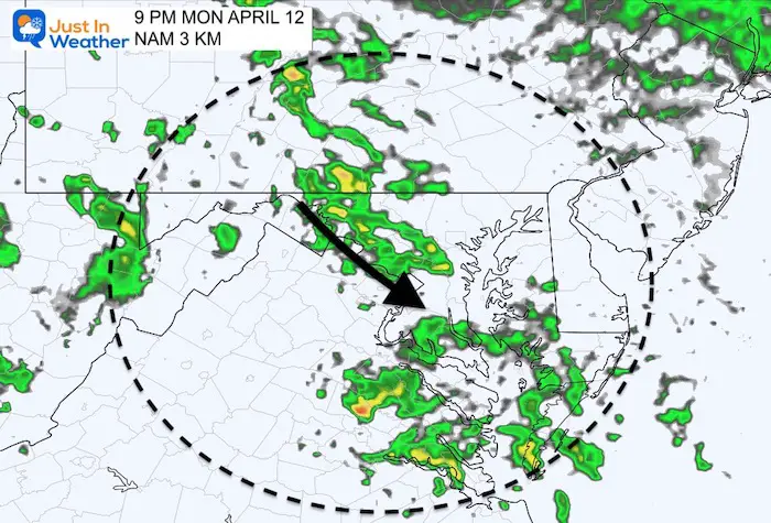 April 12 weather rain radar Monday PM 9